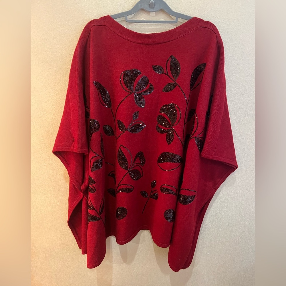 Anne Klein Red Sweater: Pancho with Black Sequin Floral Design